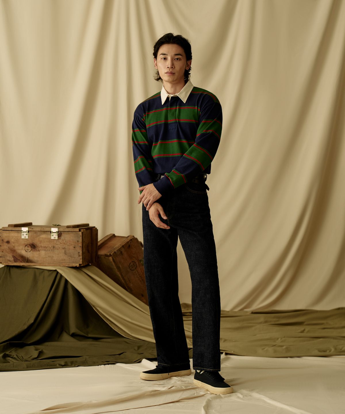 브론슨(BRONSON) Classic Fit Striped Jersey Rugby Shirt Yellow/Navy