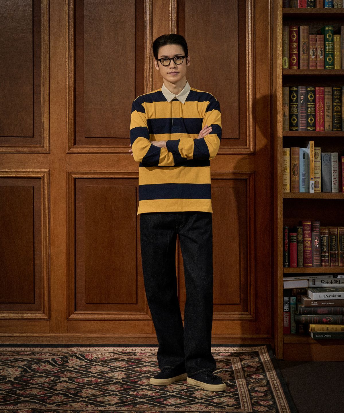 브론슨(BRONSON) Classic Fit Striped Jersey Rugby Shirt Yellow/Navy