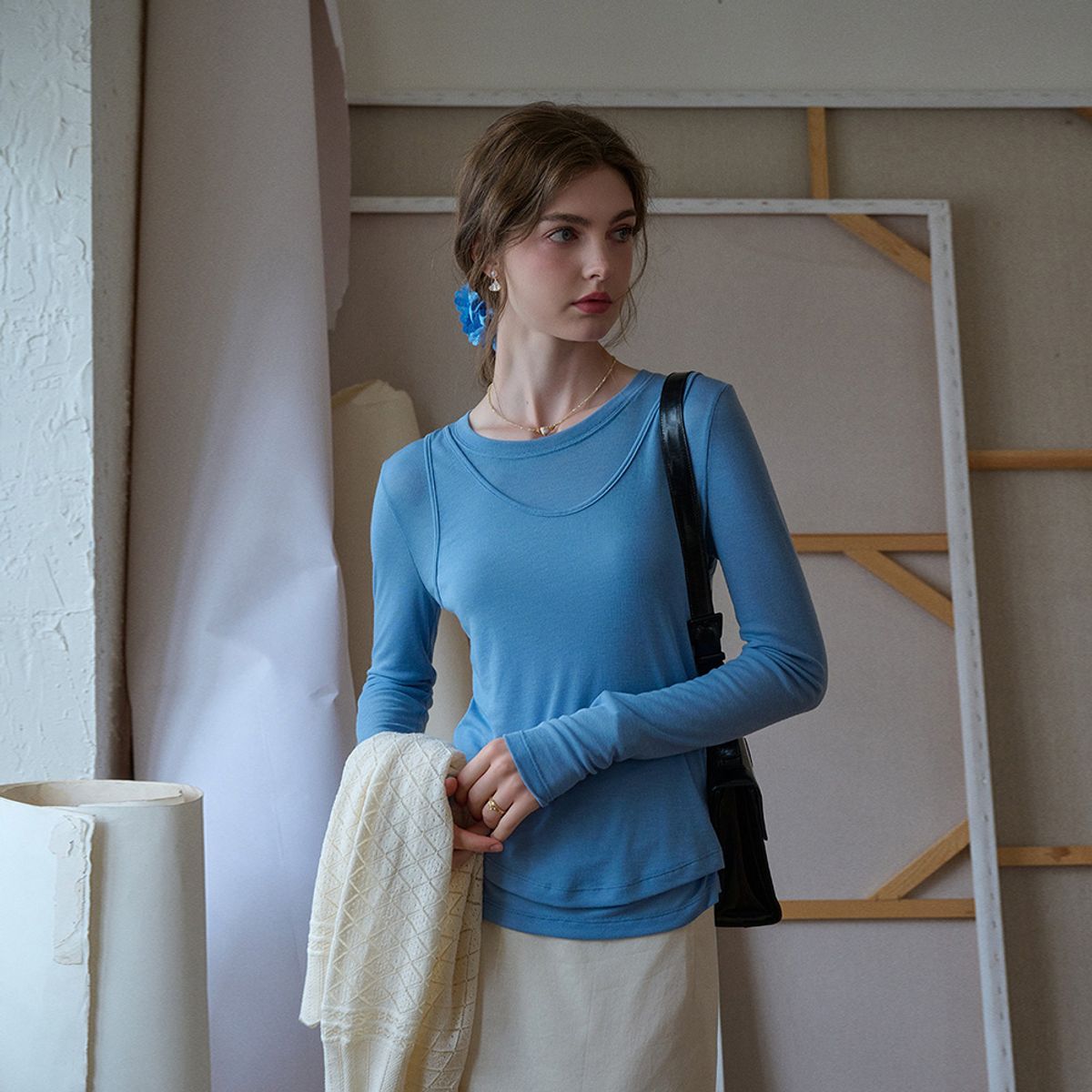 심플레트로(SIMPLE RETRO) SR_Artistic layerd two-piece top_4color