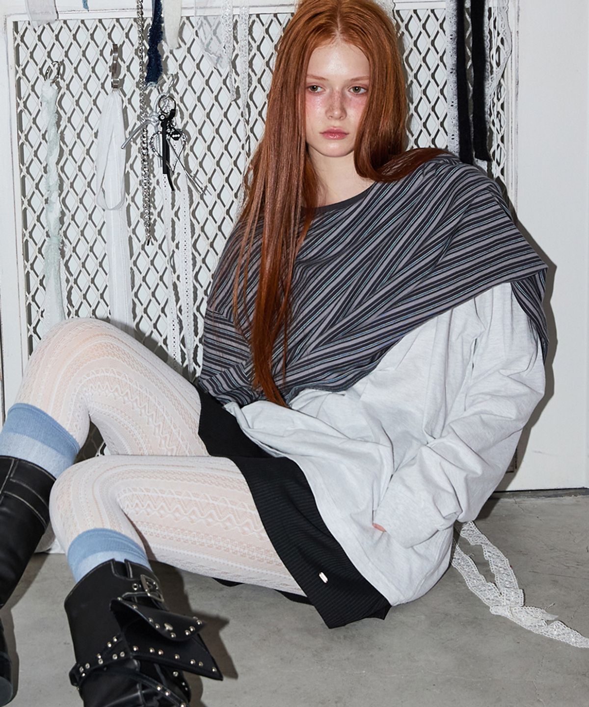 렌세(RENSE) Stripe Oversize Layered Tee Gray