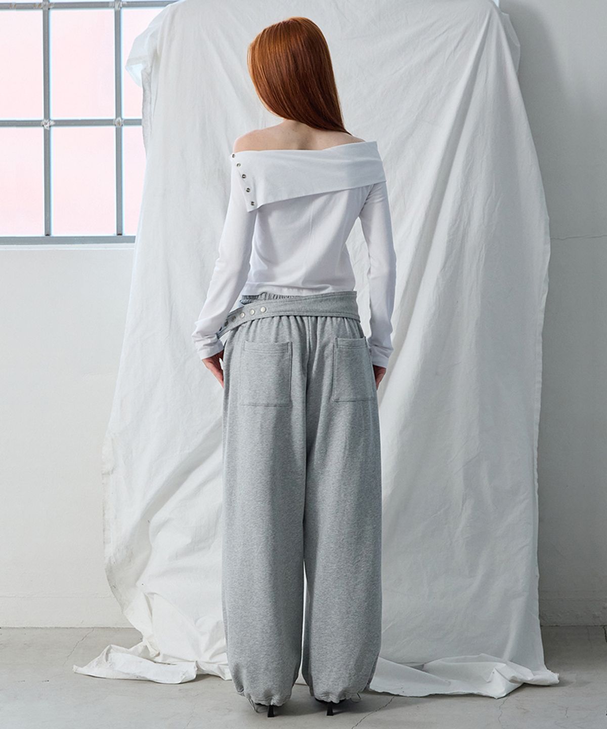 렌세(RENSE) Belt Sweatpants Set Melange Gray