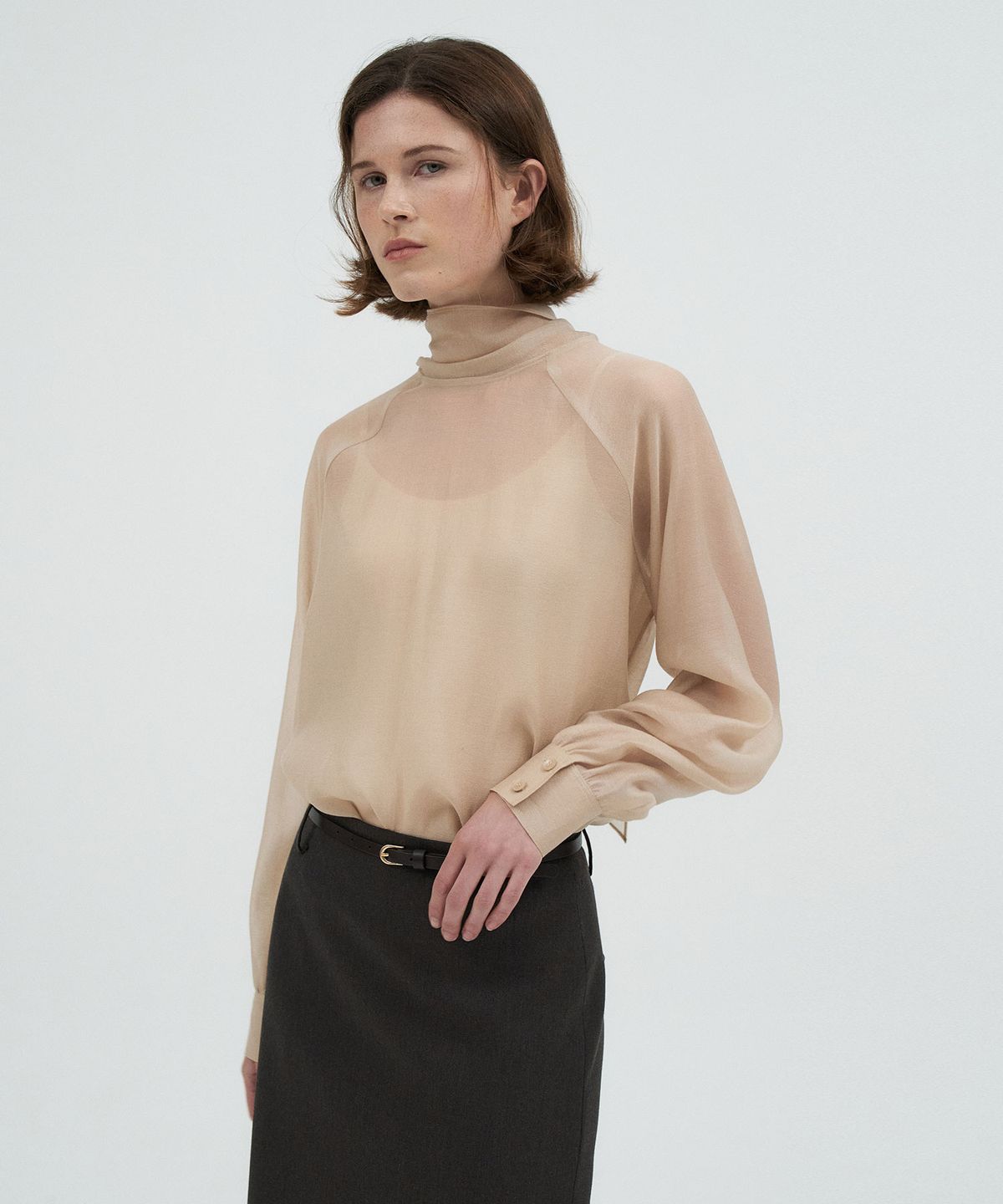 라메레이(LAMEREI) Tie See-through Blouse[LMBFCO25SH314]-Light Beige