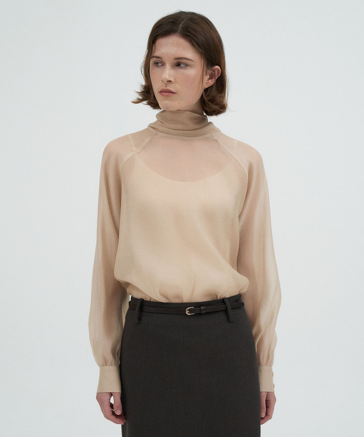 라메레이(LAMEREI) Tie See-through Blouse[LMBFCO25SH314]-Light Beige