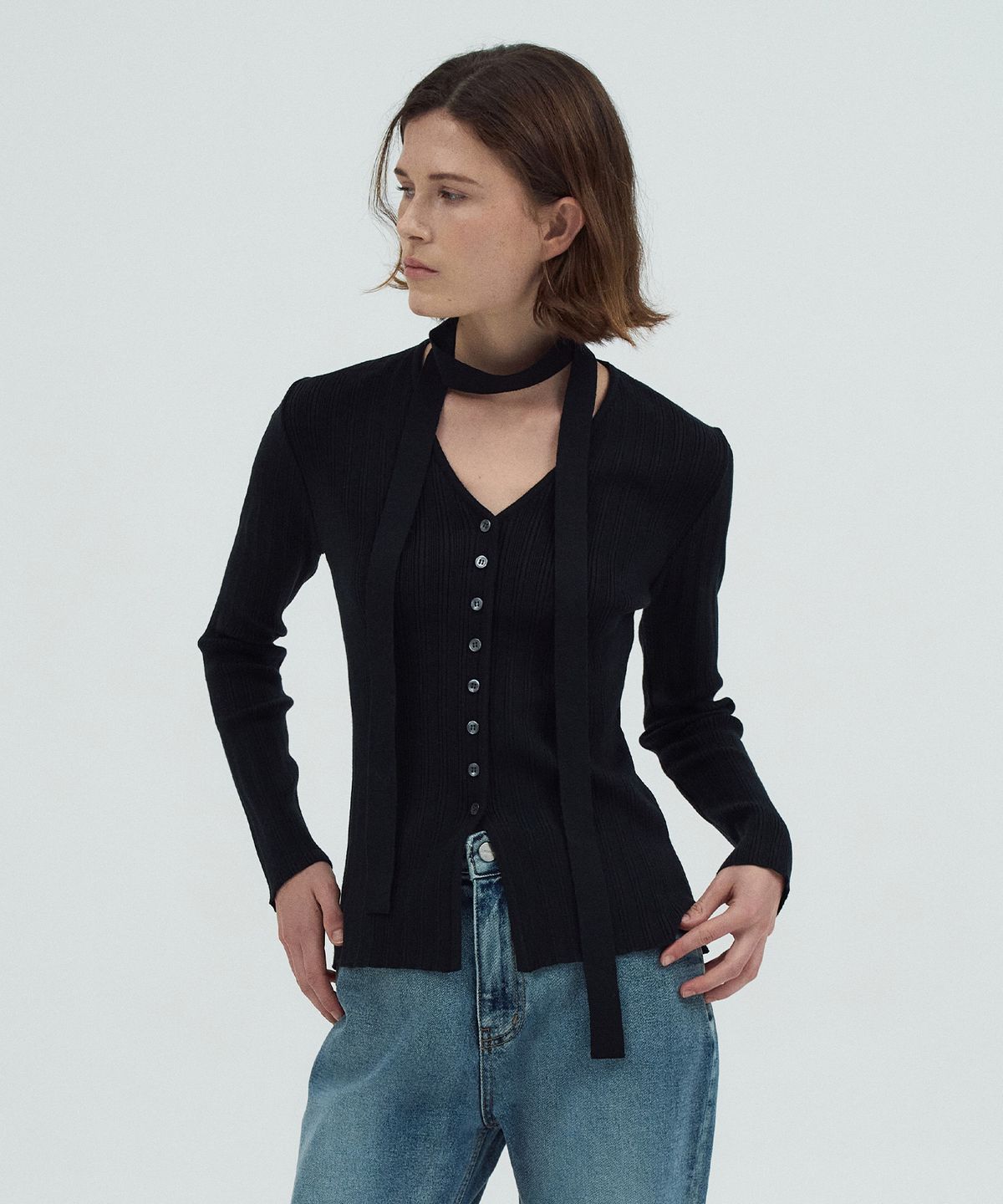 라메레이(LAMEREI) Scarf Ribbed Cardigan[LMBEAUKN285]-3color