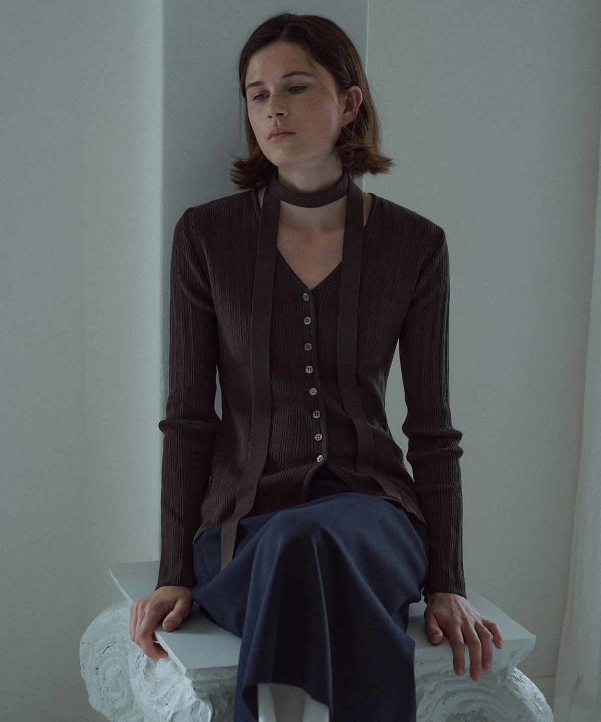 라메레이(LAMEREI) Scarf Ribbed Cardigan[LMBEAUKN285]-3color