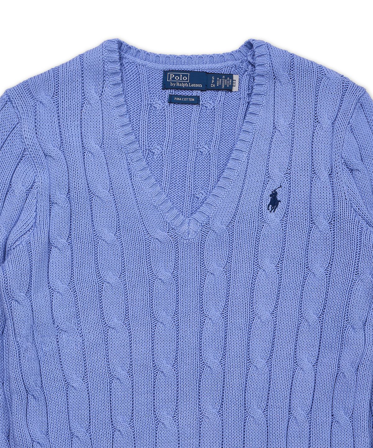 폴로 랄프 로렌(POLO RALPH LAUREN) 케이블 니트 코튼 브이넥 스웨터-블루