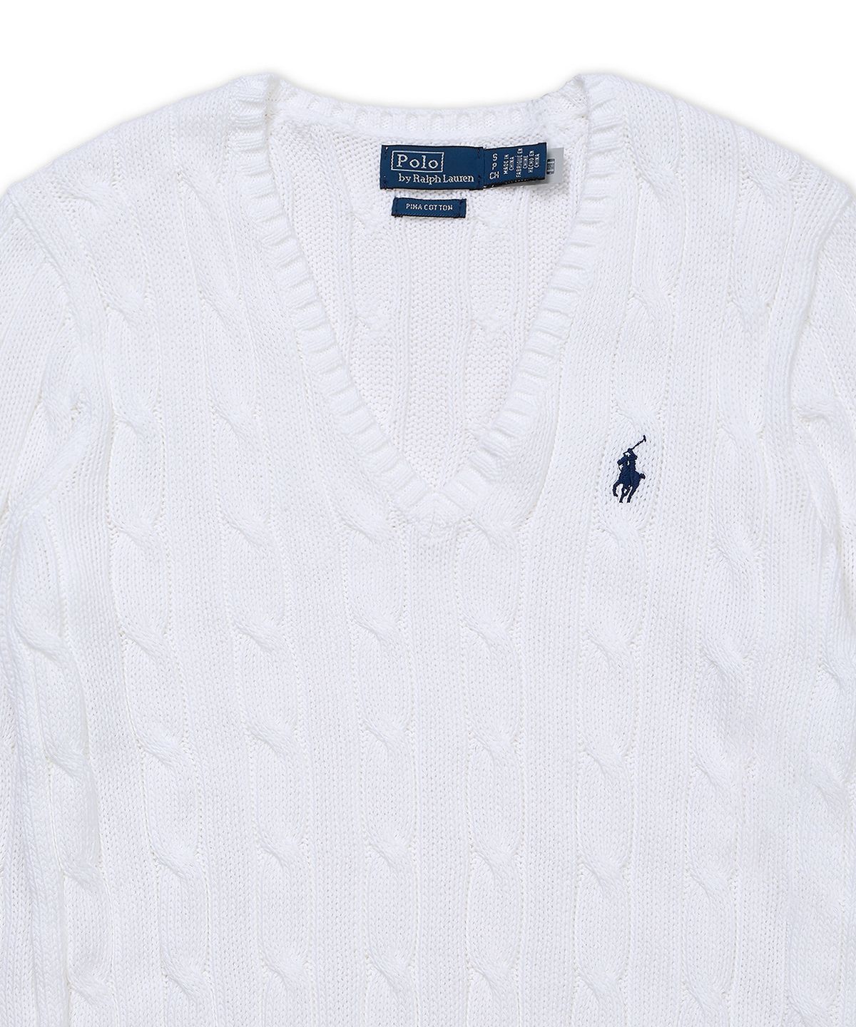 폴로 랄프 로렌(POLO RALPH LAUREN) 케이블 니트 코튼 브이넥 스웨터-화이트