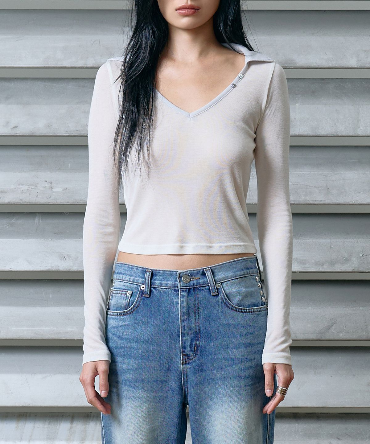 웨스켄(WESKEN) SHEER COLLAR LONG SLEEVE (CREAM)