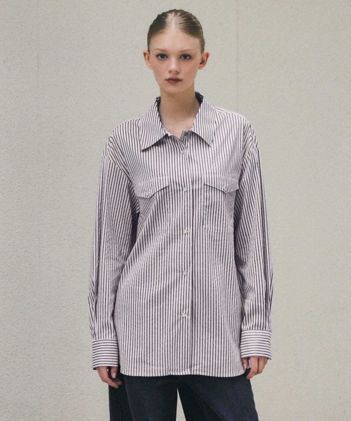 씨타(CITTA) Pearl Button Stripe Over Shirt_CTT385(Burgundy)