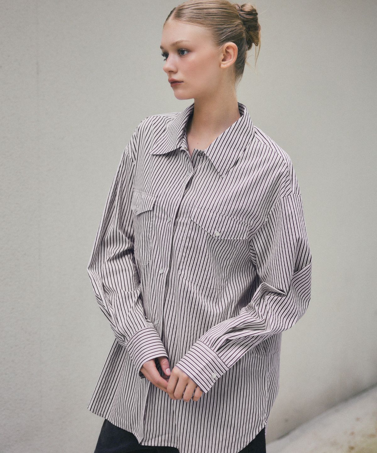 씨타(CITTA) Pearl Button Stripe Over Shirt_CTT385(Burgundy)