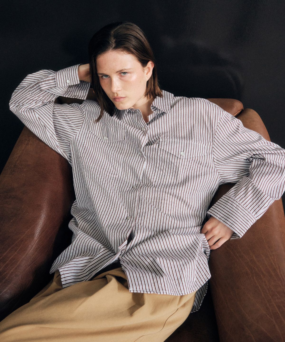 씨타(CITTA) Pearl Button Stripe Over Shirt_CTT385(Burgundy)