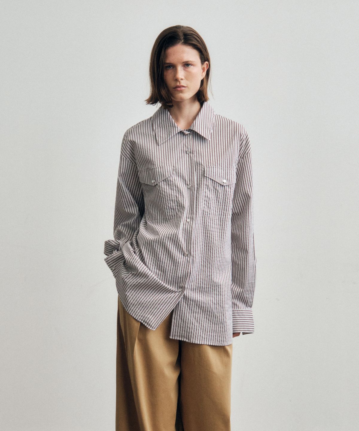 씨타(CITTA) Pearl Button Stripe Over Shirt_CTT385(Burgundy)