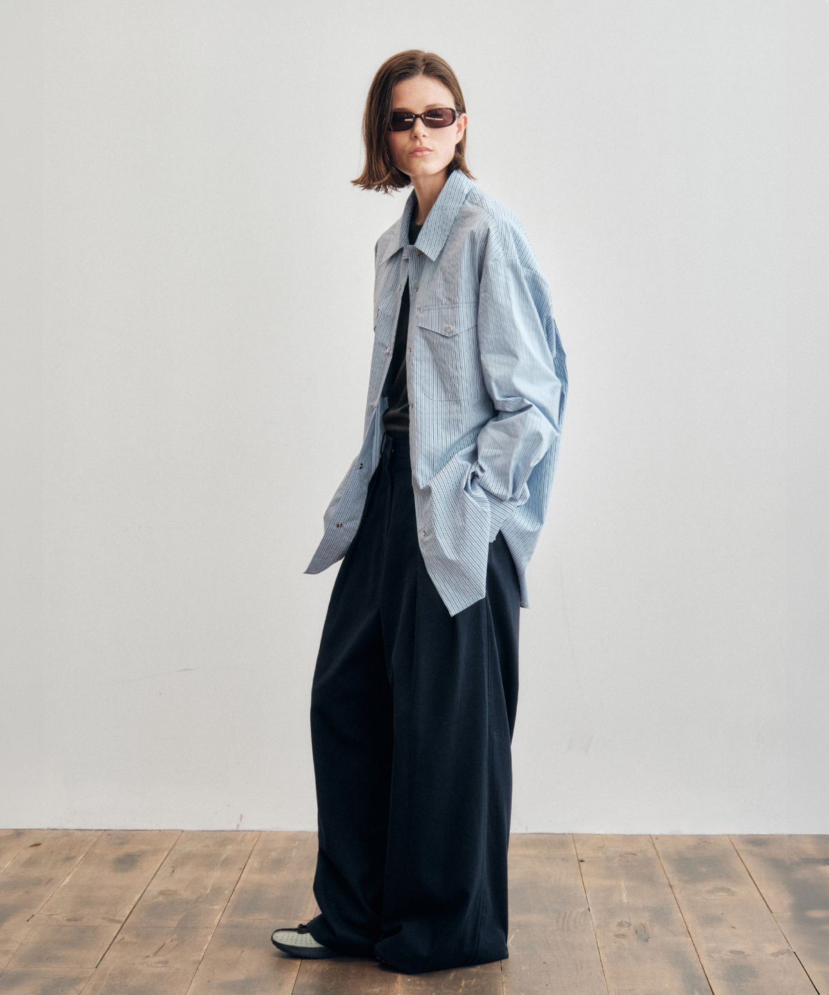 씨타(CITTA) Pearl Button Stripe Over Shirt_CTT385(Blue)