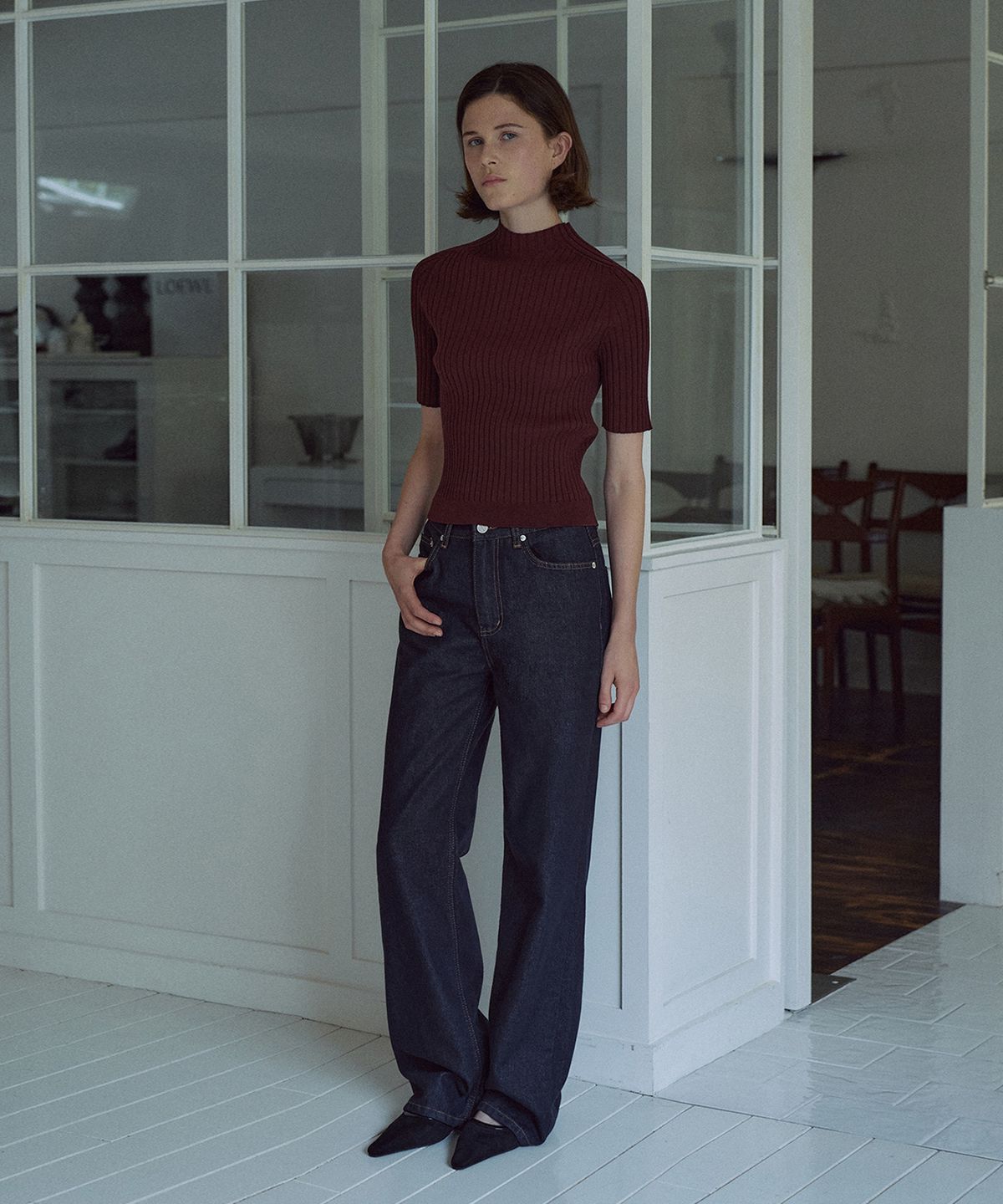 라메레이(LAMEREI) Holgament High-neck Half-sleeve Knit Top[LMBEAUKN293]-2color