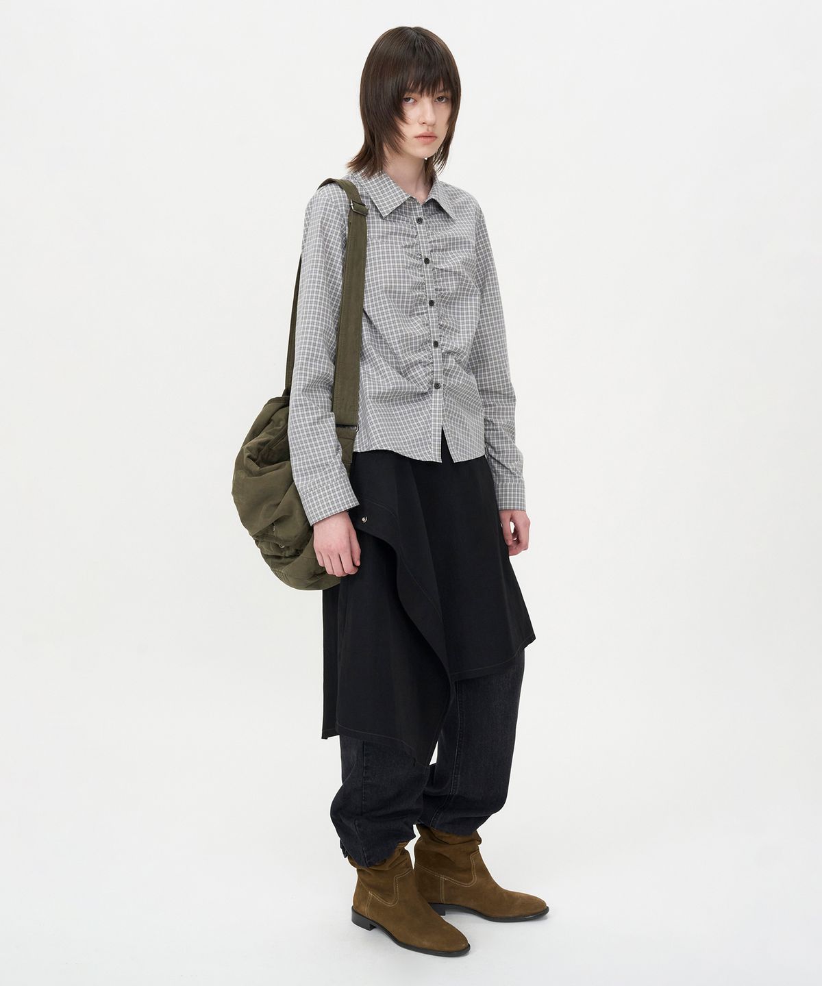 인사일런스 우먼(INSILENCE WOMEN) 체크 셔링 셔츠 GREY CHECK