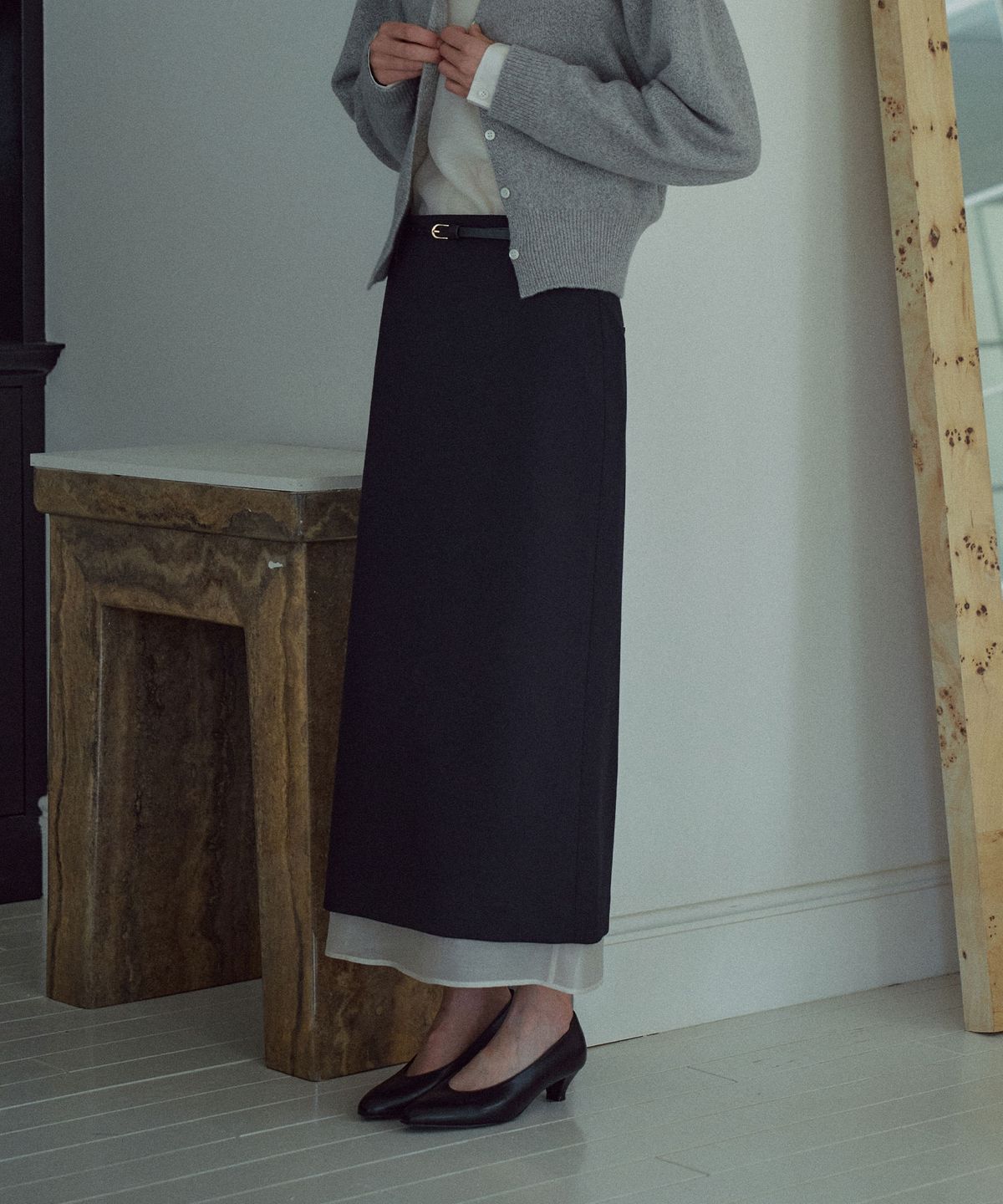 라메레이(LAMEREI) Sheer Layered H-line Skirt[LMBEAUSK404]-Navy