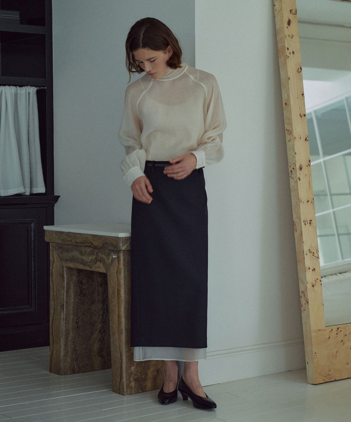 라메레이(LAMEREI) Sheer Layered H-line Skirt[LMBEAUSK404]-Navy