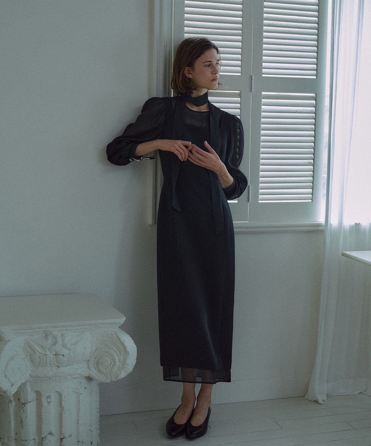 라메레이(LAMEREI) Sheer Layered Tie Dress[LMBFCO25DR803]-Black