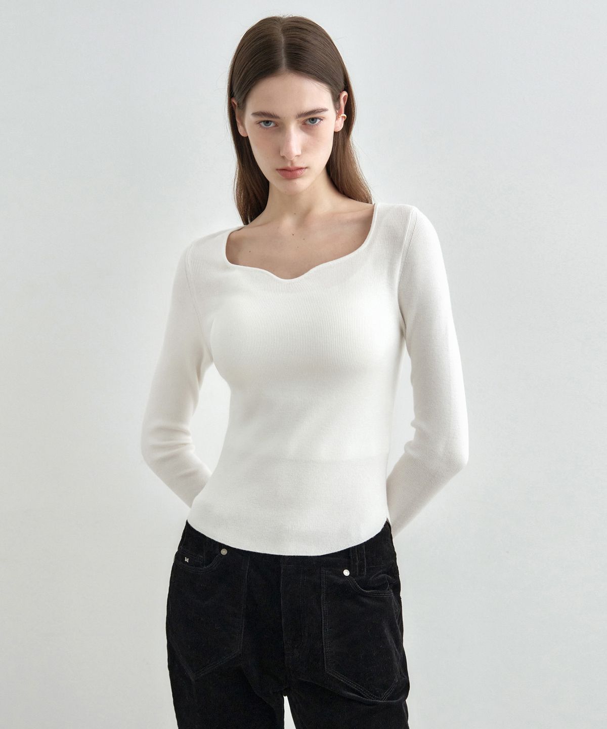 몽돌(MONGDOL) 하트 넥 슬림 골지 니트 MDKT120_5 Colors