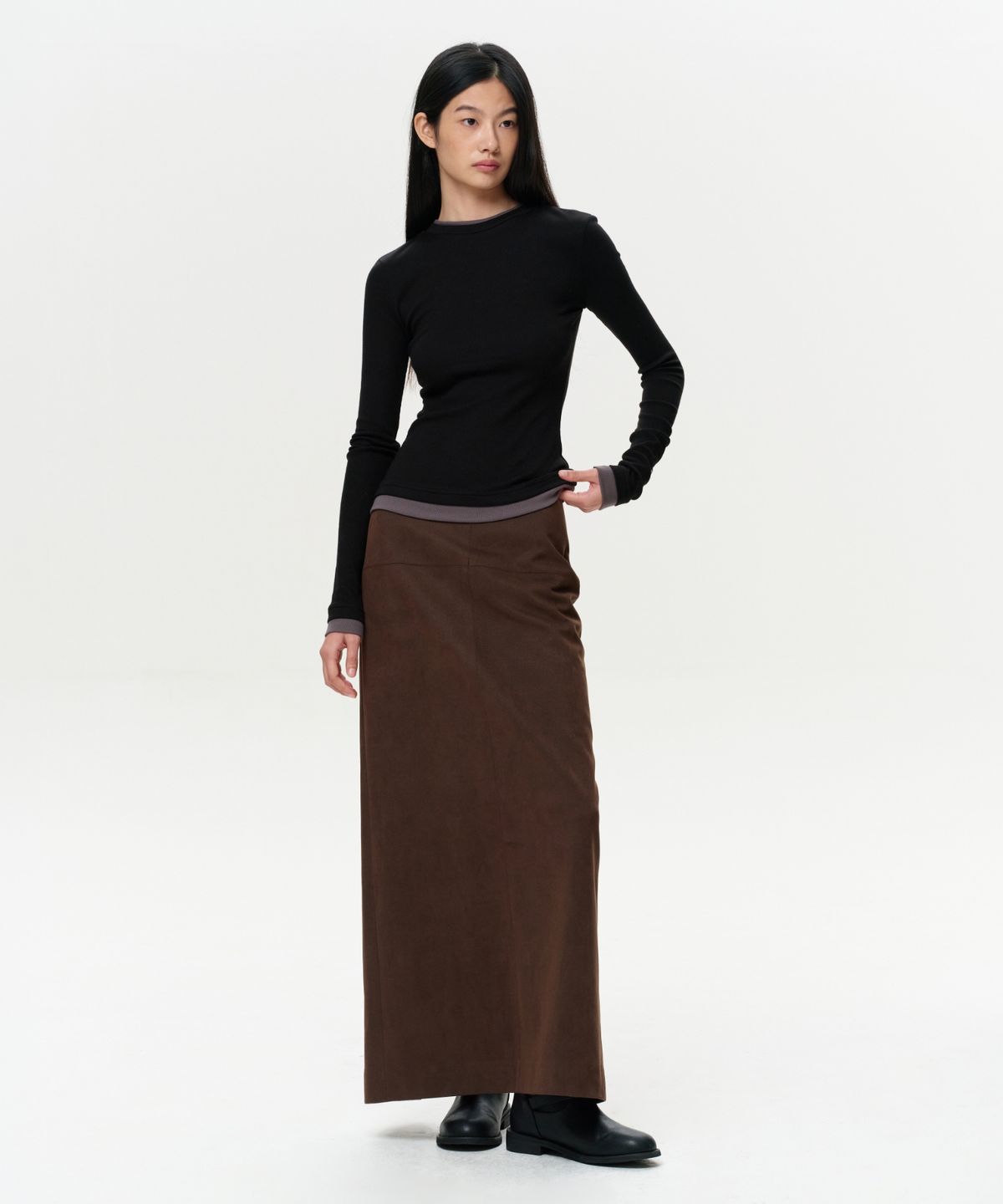 이알에이(ERA) WOMEN COLOR LAYERED SLIM RIB T - SMOKY BLACK