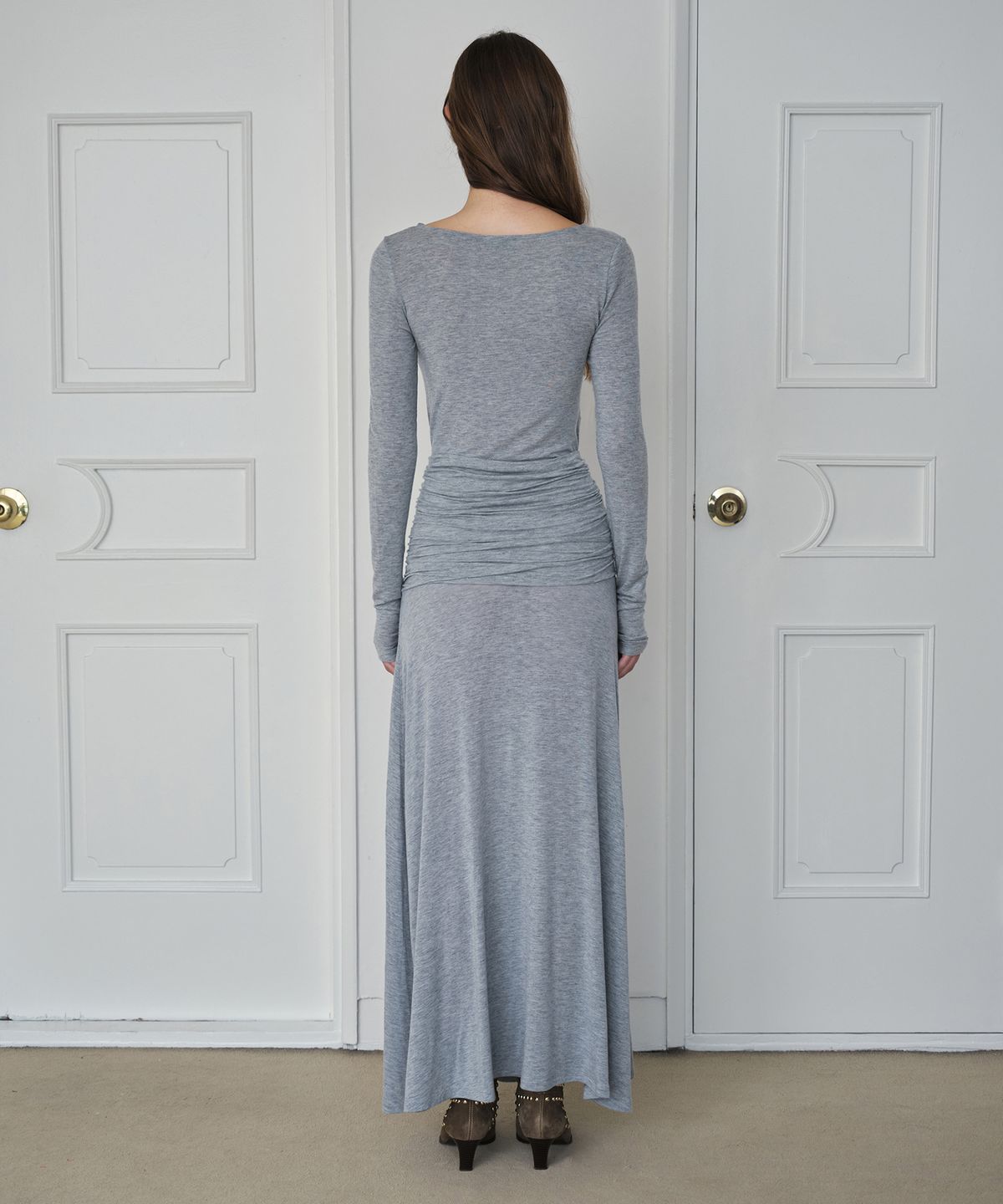 시메트릭 퍼센트(SYMMETRICPERCENT) Shirring Jersey Maxi Dress / Melange Grey