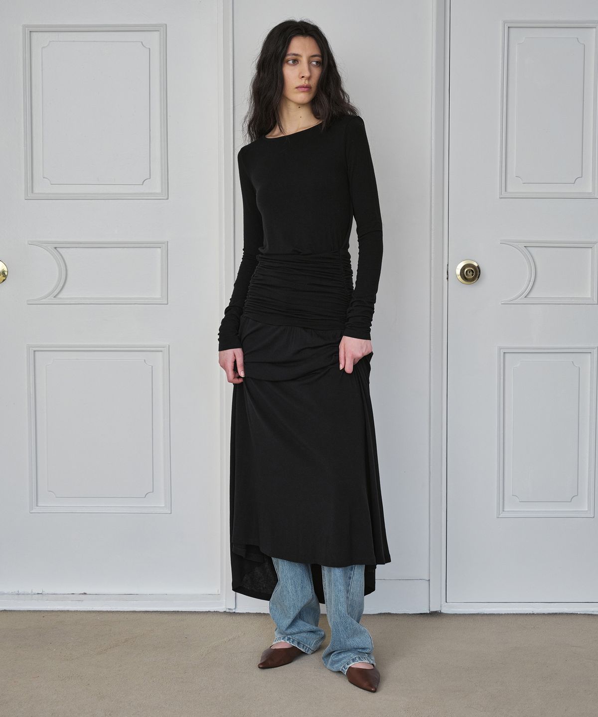 시메트릭 퍼센트(SYMMETRICPERCENT) Shirring Jersey Maxi Dress / Black