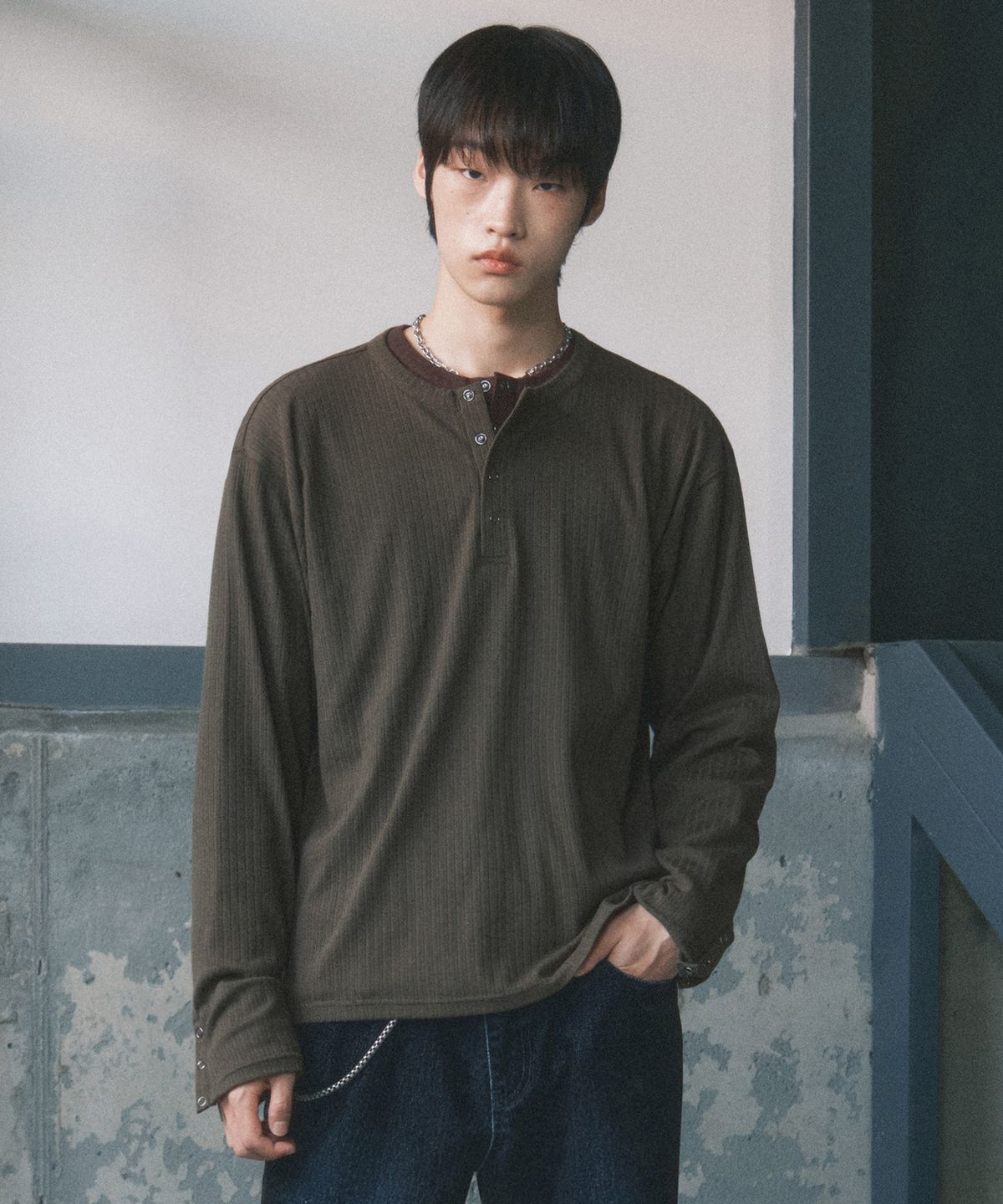 세컨모놀로그(SECONDMONO) 골지 헨리니티 롱슬리브 [KHAKI]_SETS044KHAKI