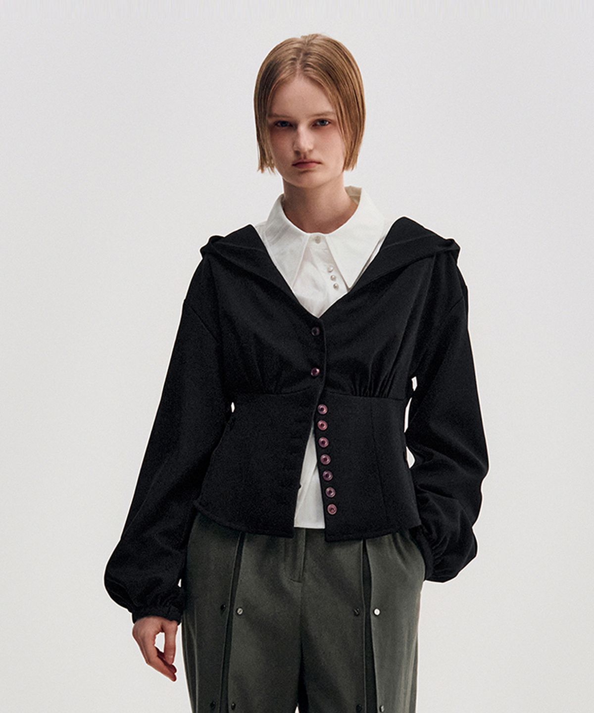 킴지수(KIMZISU) Button Up Volume Hood Jumper _ BLACK