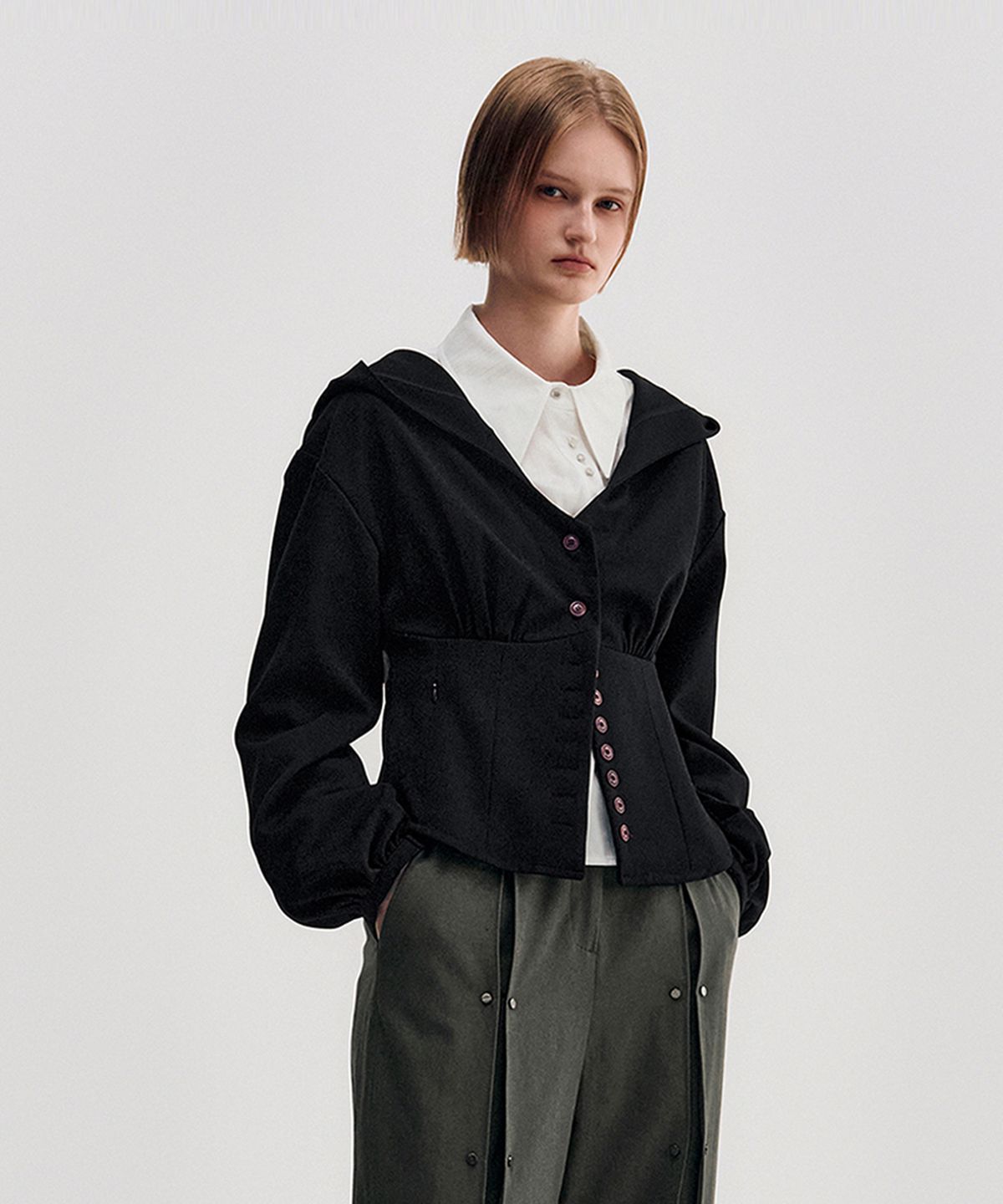 킴지수(KIMZISU) Button Up Volume Hood Jumper _ BLACK