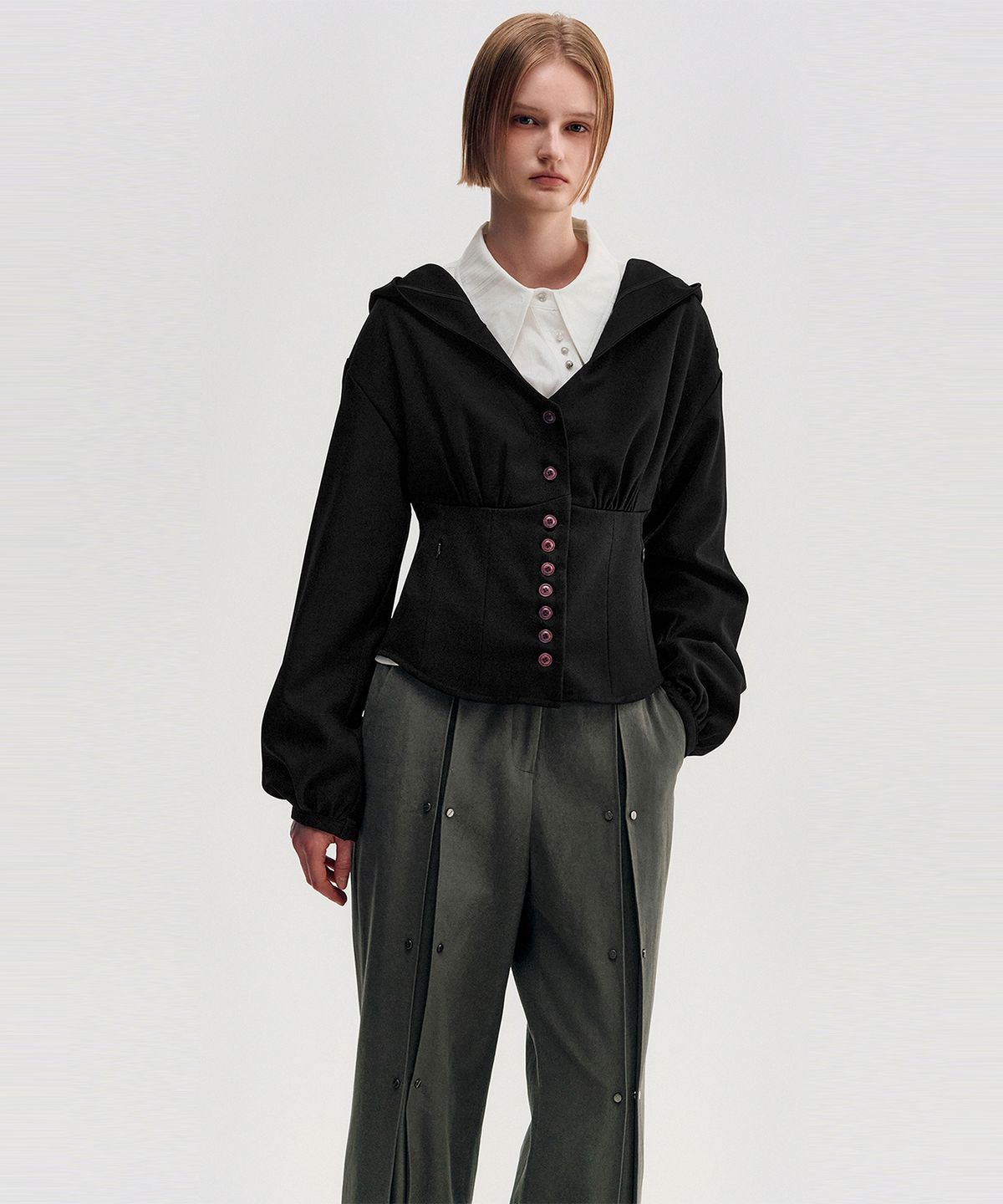 킴지수(KIMZISU) Button Up Volume Hood Jumper _ BLACK