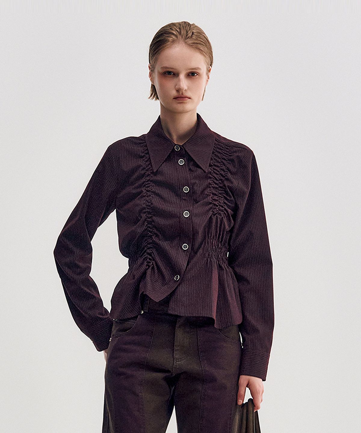 킴지수(KIMZISU) Unbalanced Ruched Shirt _ BURGUNDY