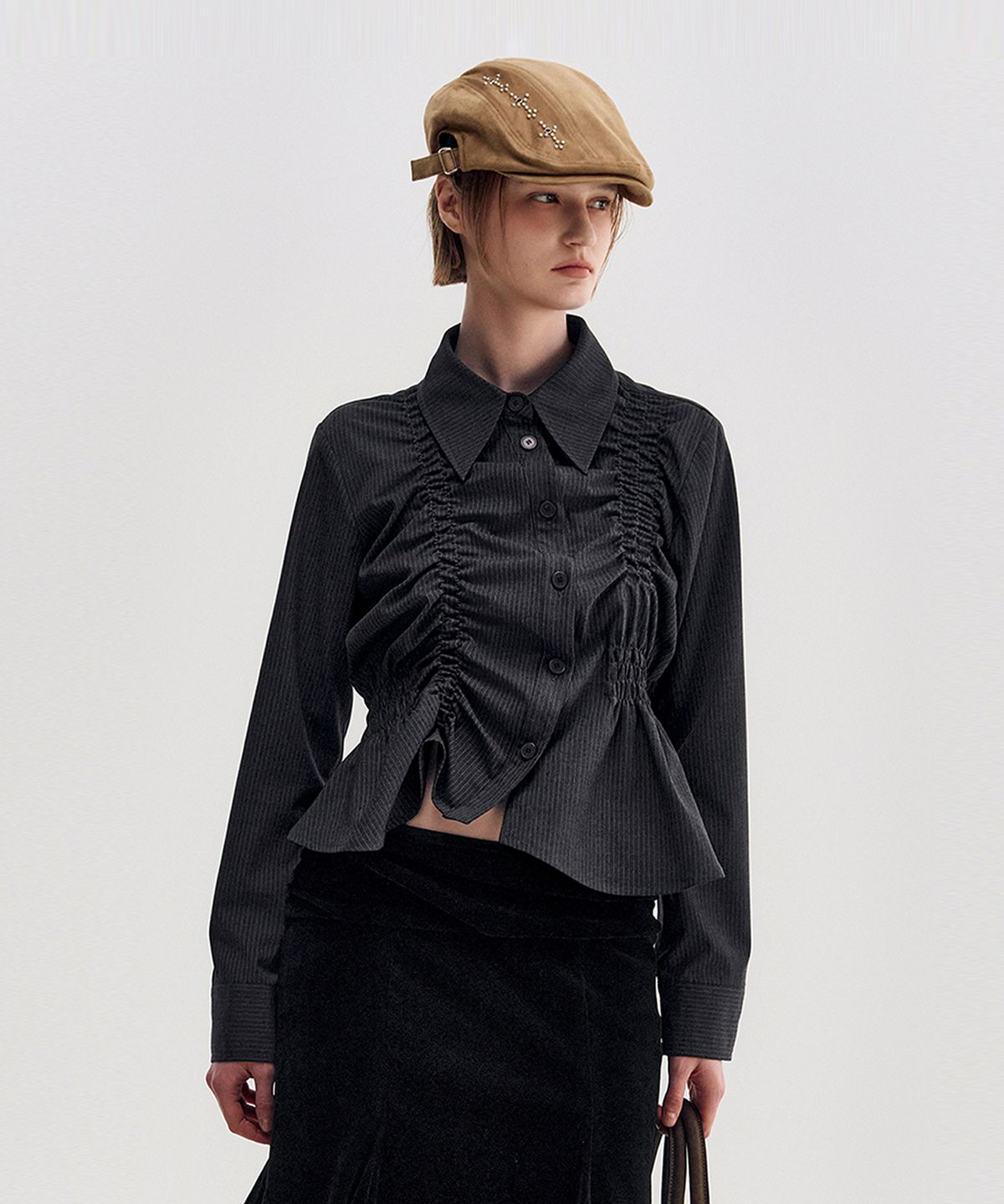 킴지수(KIMZISU) Unbalanced Ruched Shirt _ CHARCOAL