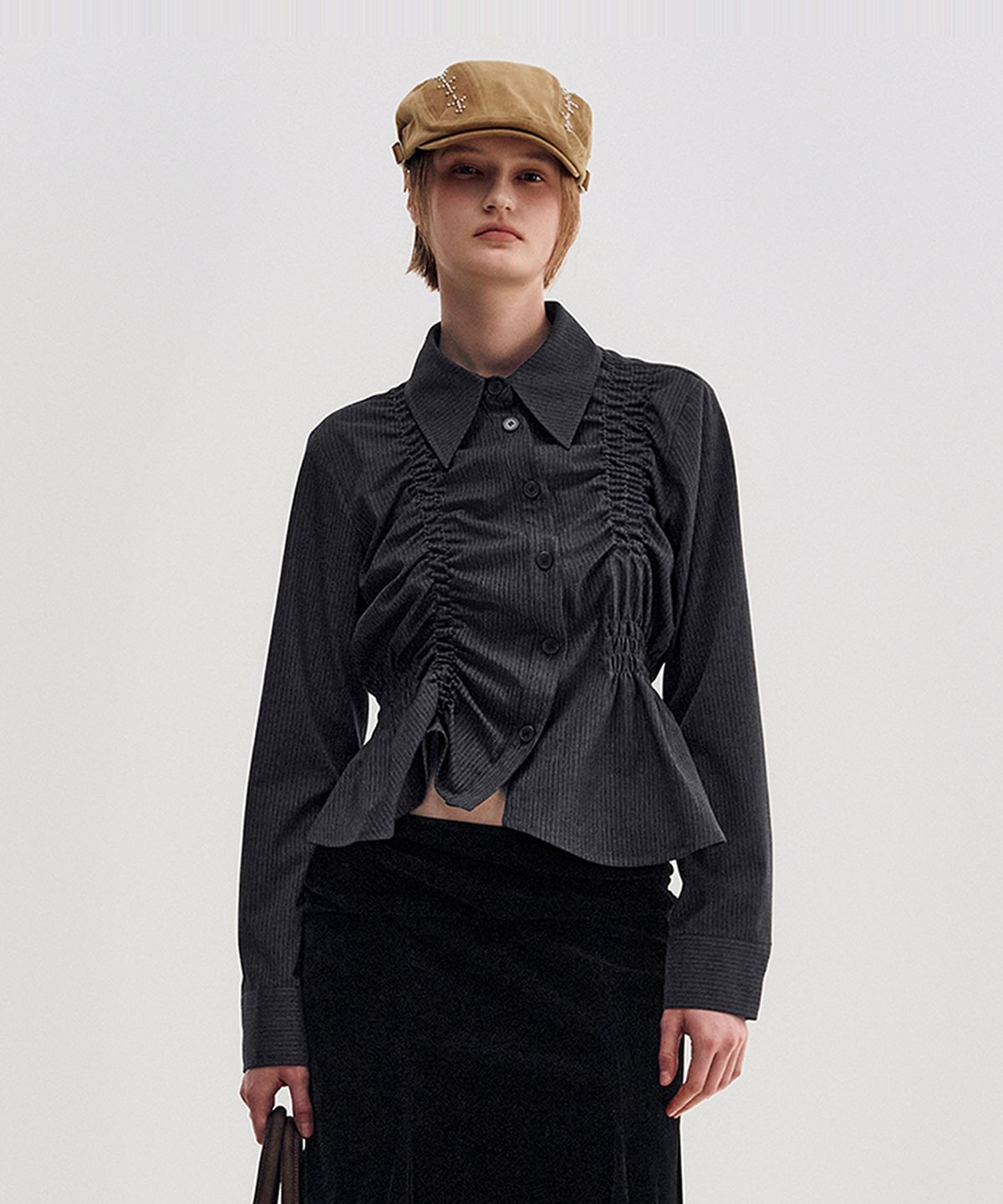 킴지수(KIMZISU) Unbalanced Ruched Shirt _ CHARCOAL