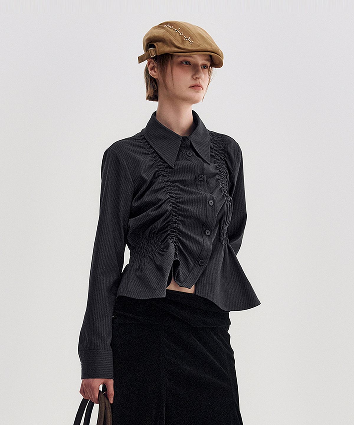 킴지수(KIMZISU) Unbalanced Ruched Shirt _ CHARCOAL