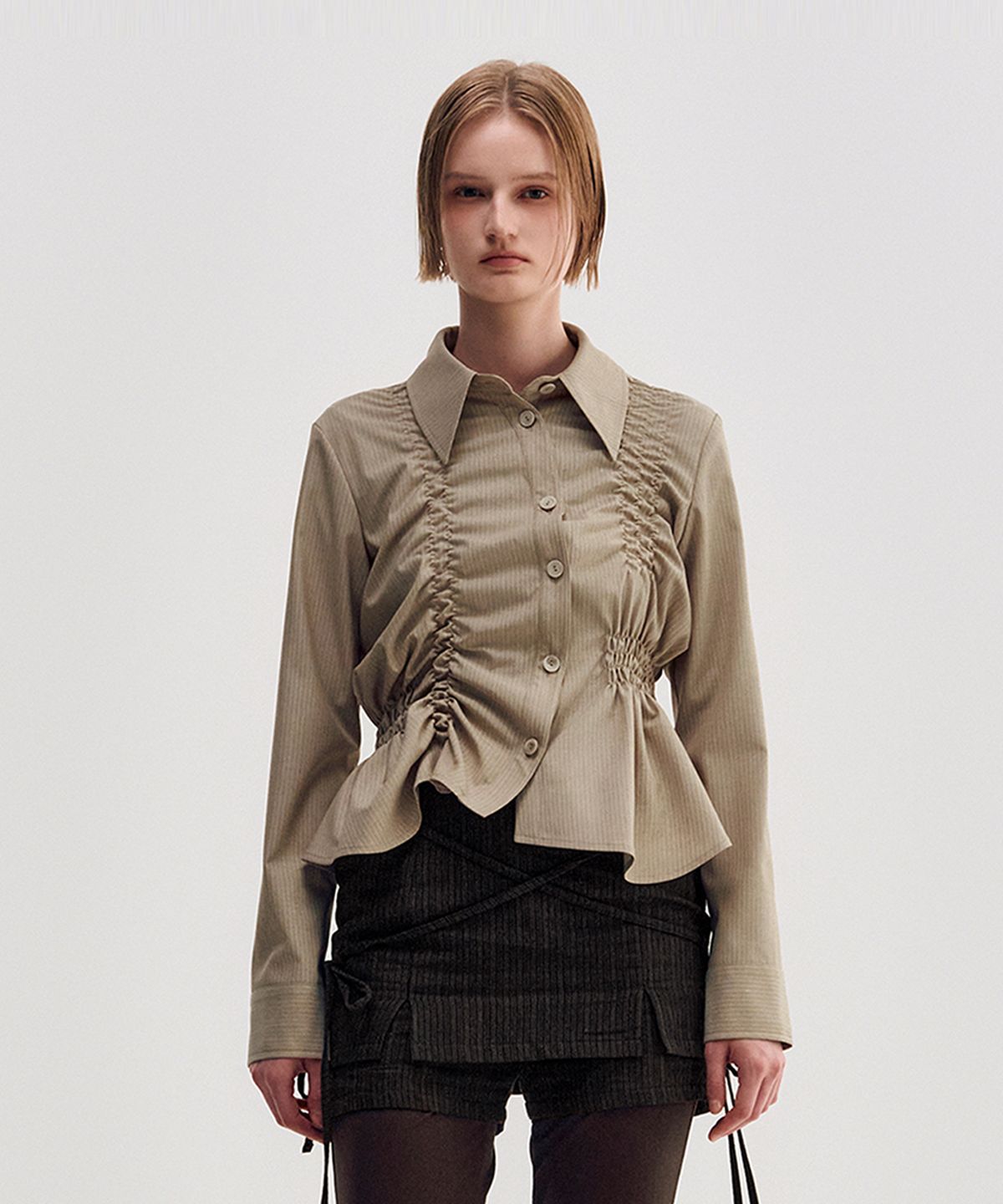 킴지수(KIMZISU) Unbalanced Ruched Shirt _ BEIGE