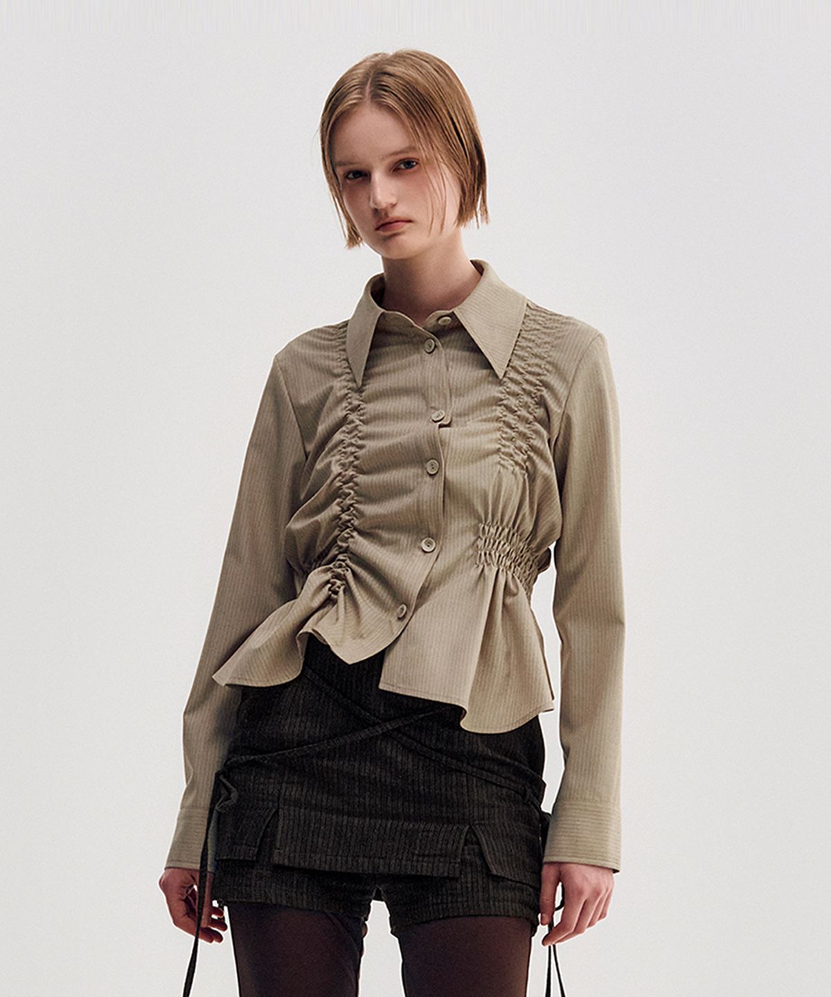 킴지수(KIMZISU) Unbalanced Ruched Shirt _ BEIGE