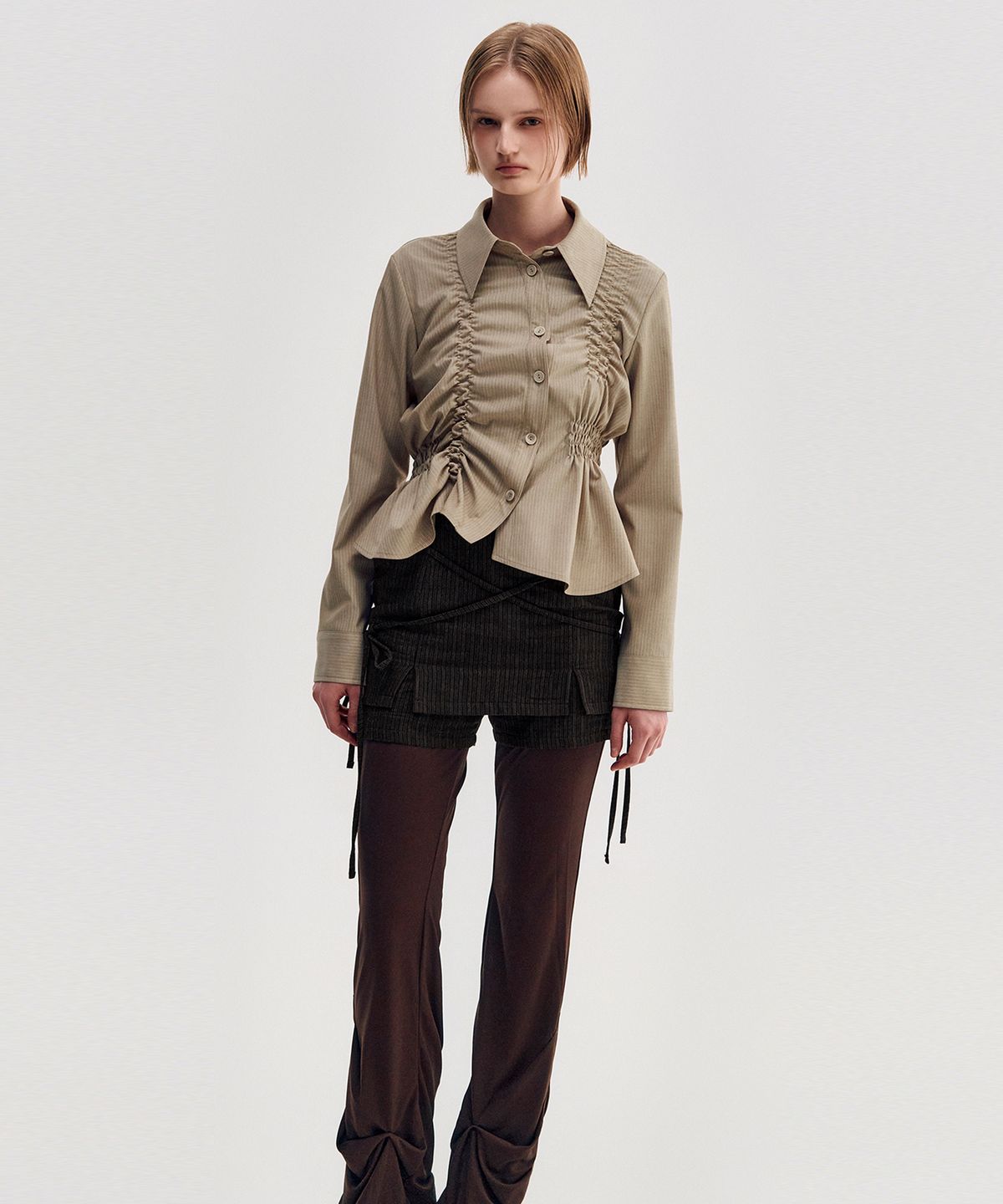 킴지수(KIMZISU) Unbalanced Ruched Shirt _ BEIGE