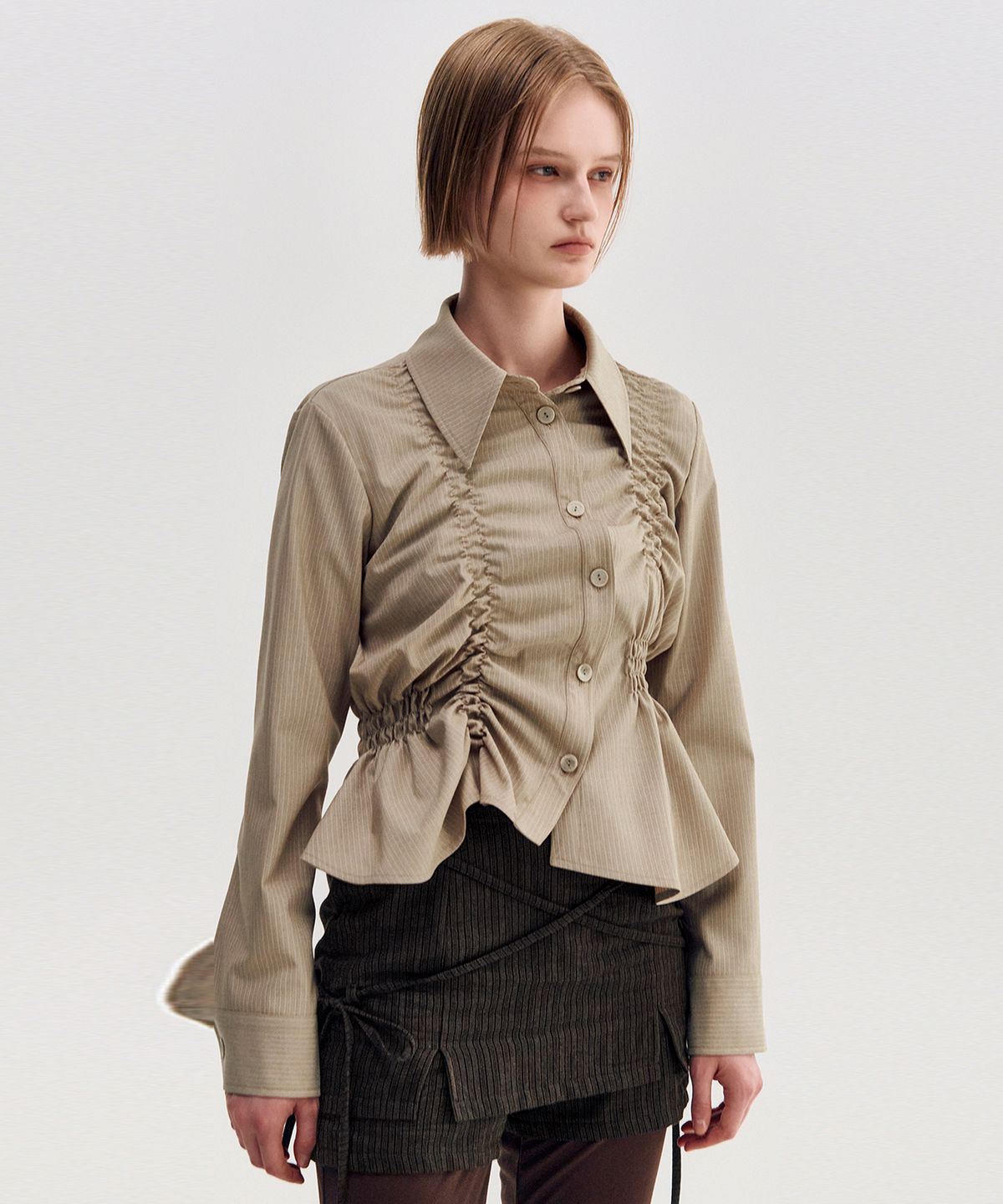 킴지수(KIMZISU) Unbalanced Ruched Shirt _ BEIGE
