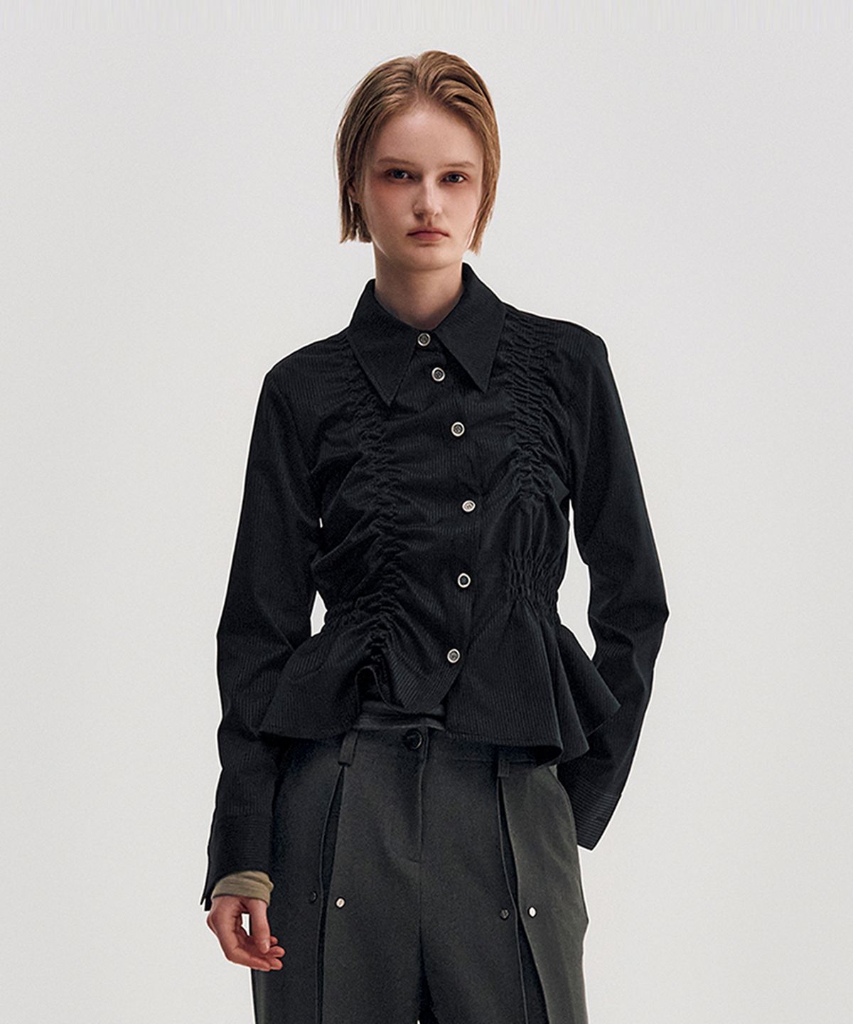 킴지수(KIMZISU) Unbalanced Ruched Shirt _ BLACK