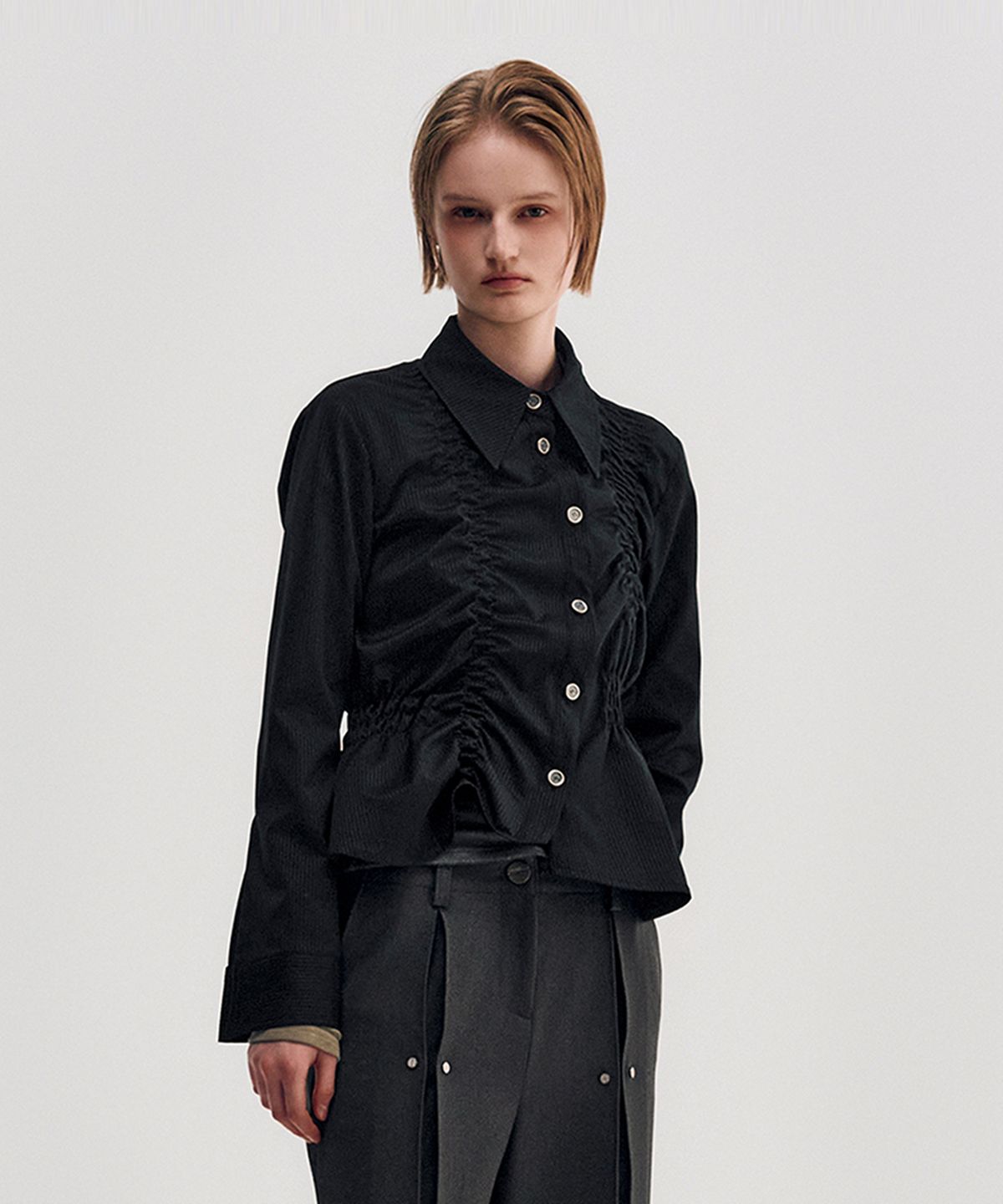킴지수(KIMZISU) Unbalanced Ruched Shirt _ BLACK