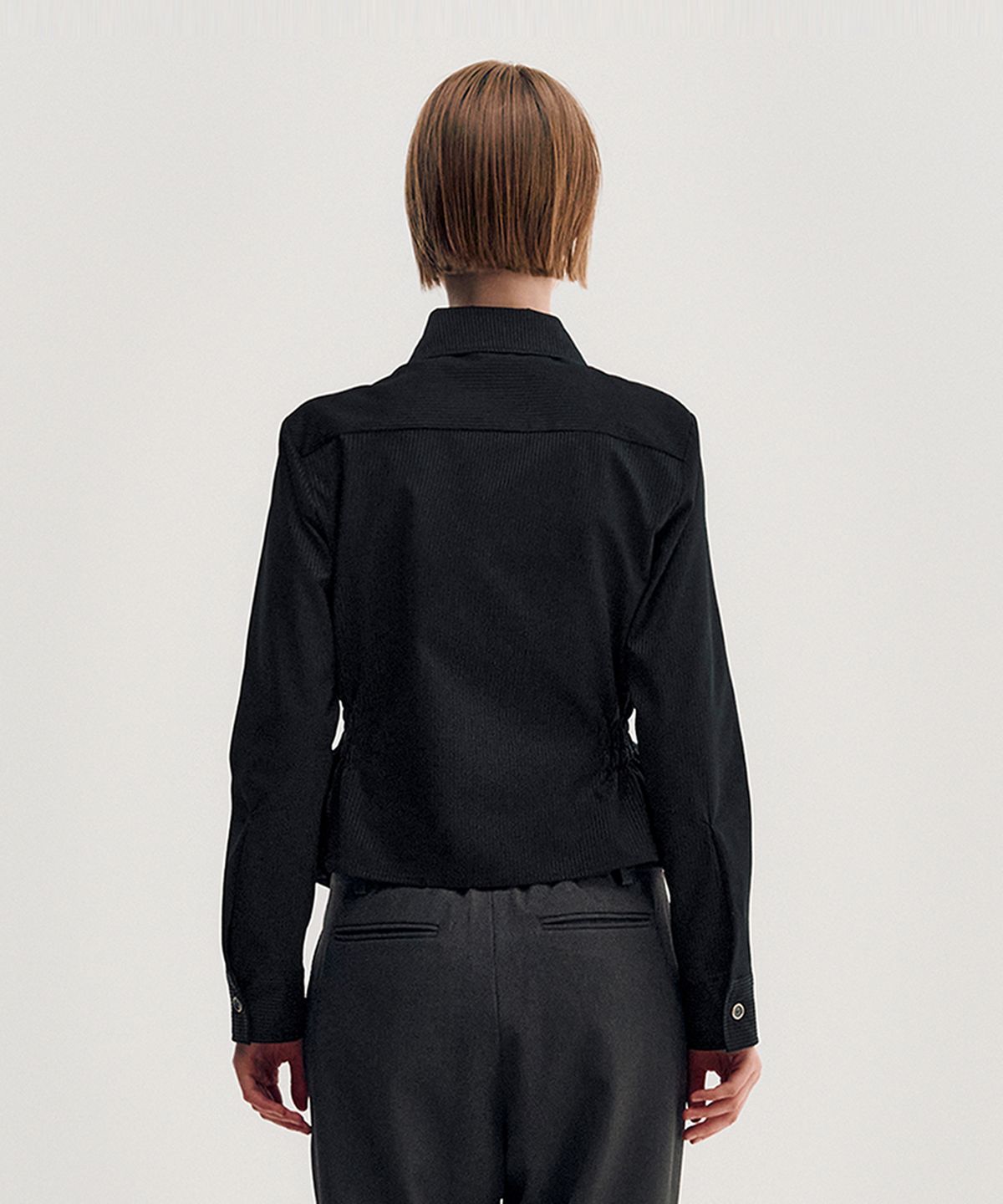 킴지수(KIMZISU) Unbalanced Ruched Shirt _ BLACK