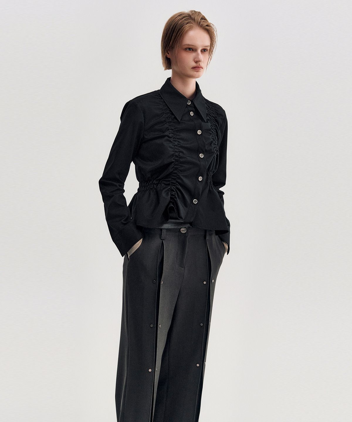 킴지수(KIMZISU) Unbalanced Ruched Shirt _ BLACK