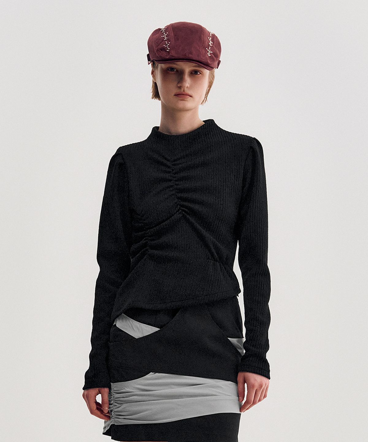 킴지수(KIMZISU) Ribbed Shirring Highneck Top _ BLACK