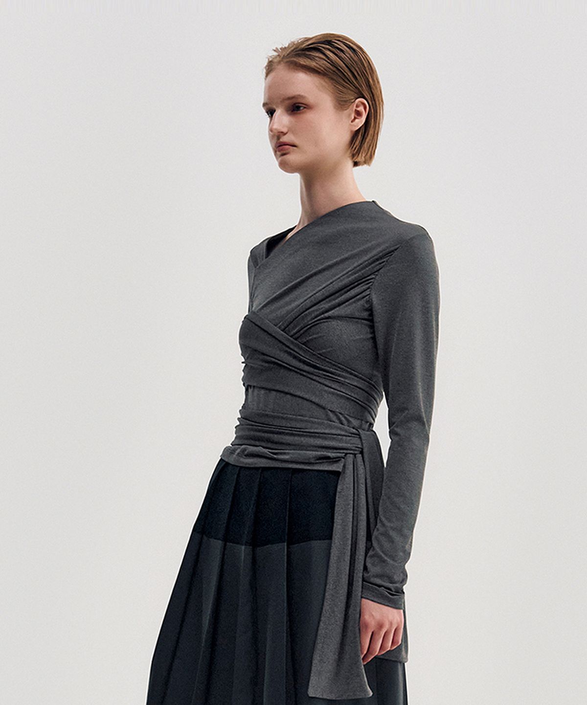 킴지수(KIMZISU) Multi-Tie Draped Jersey Top _ DARK GREY