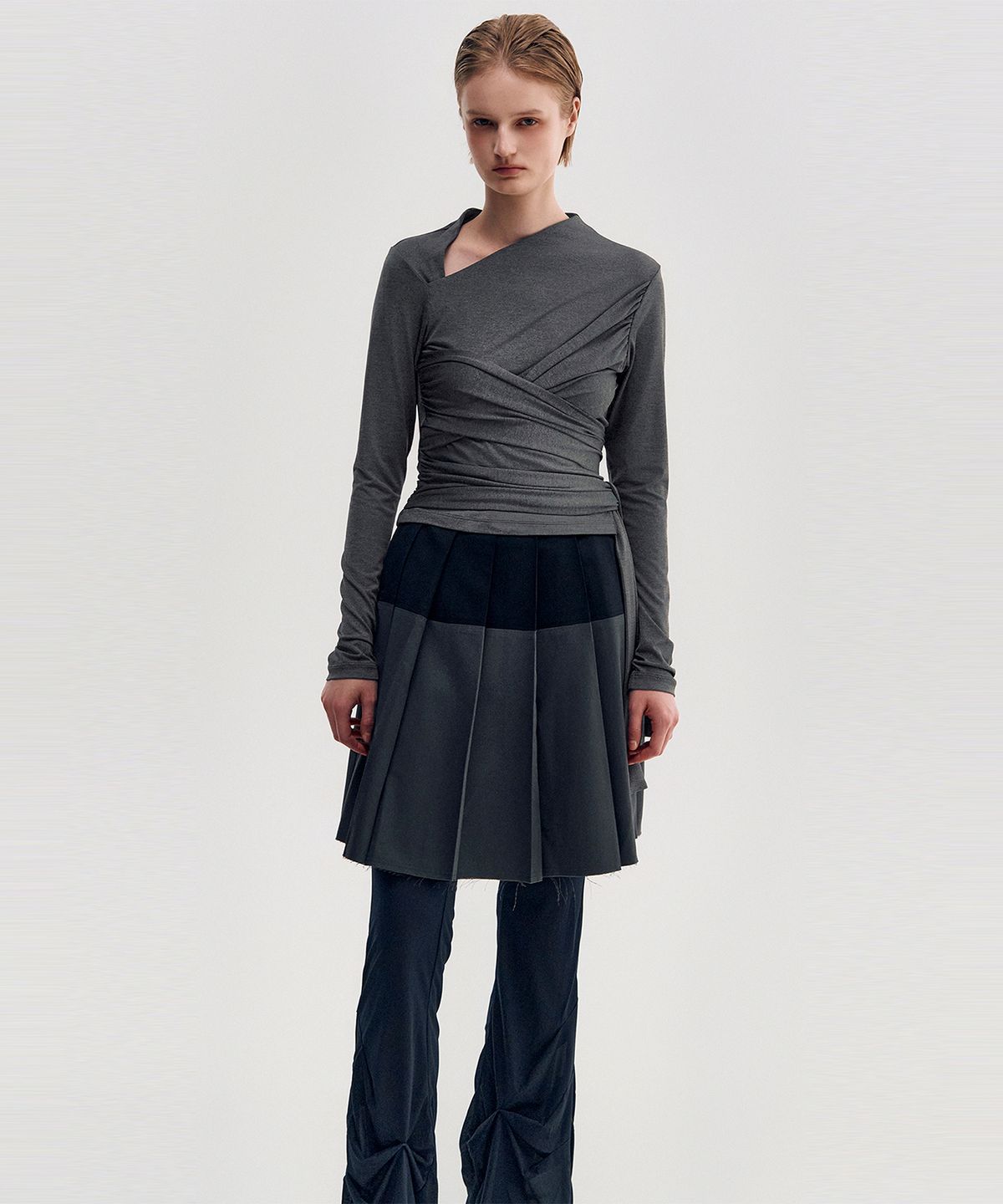 킴지수(KIMZISU) Multi-Tie Draped Jersey Top _ DARK GREY