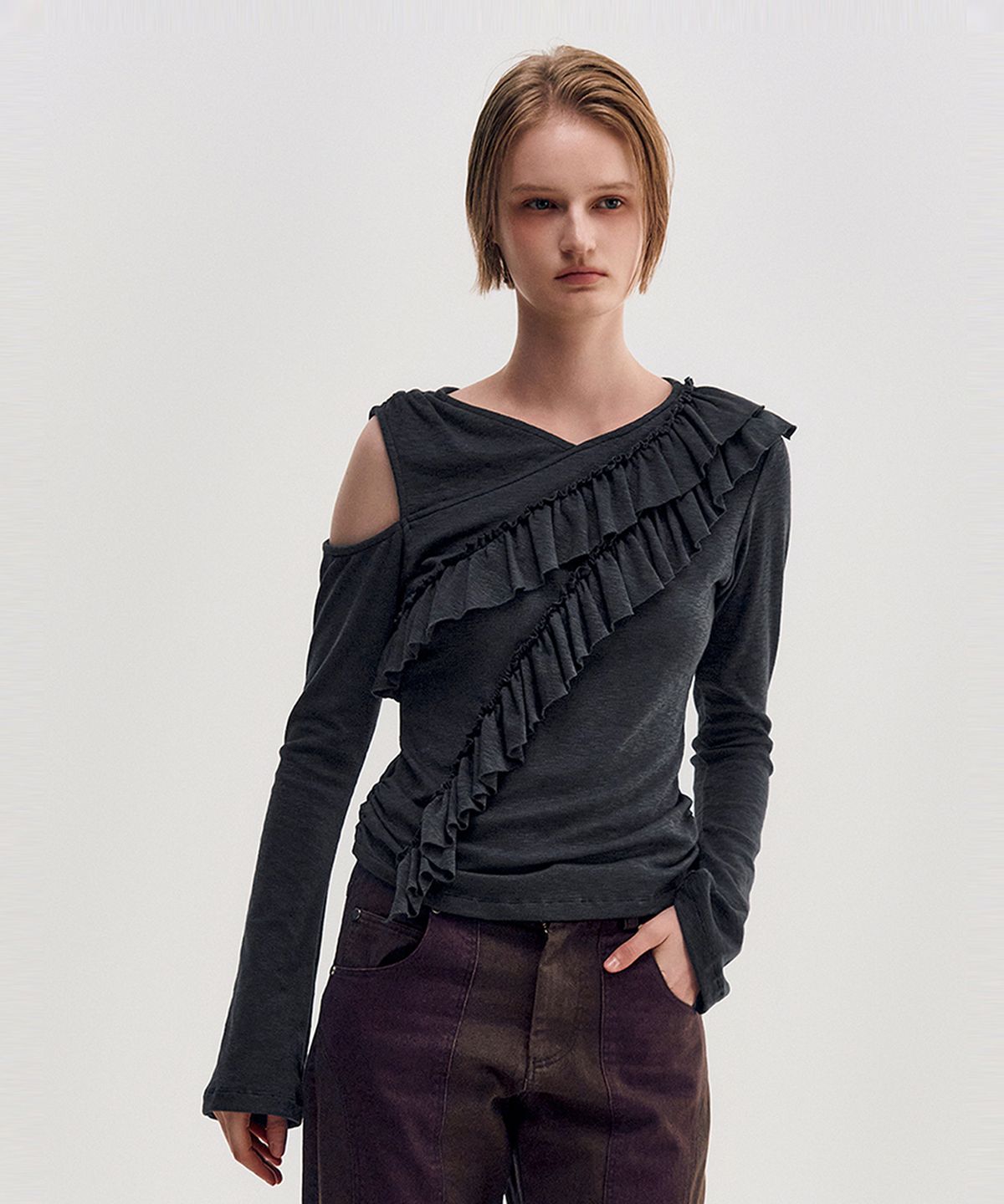 킴지수(KIMZISU) Diagonal Ruffle Jersey Top _ CHARCOAL