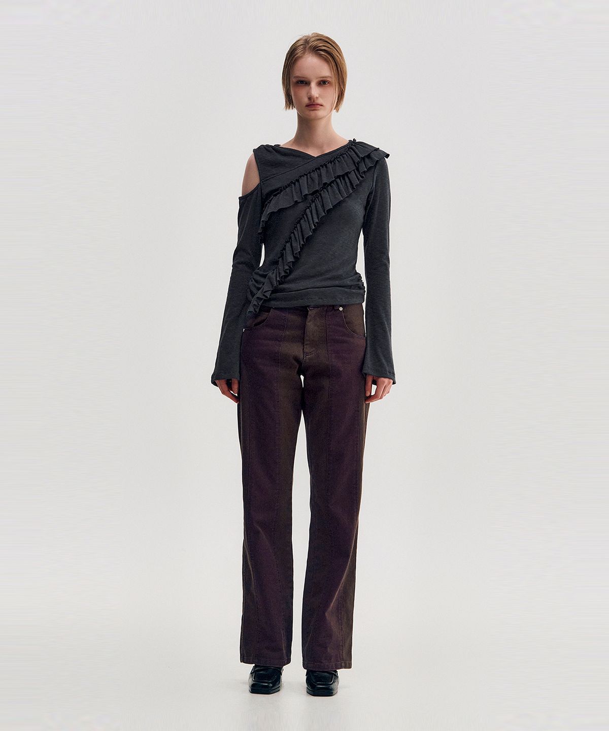 킴지수(KIMZISU) Diagonal Ruffle Jersey Top _ CHARCOAL