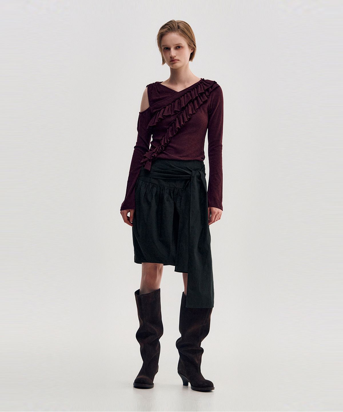 킴지수(KIMZISU) Diagonal Ruffle Jersey Top _ BURGUNDY