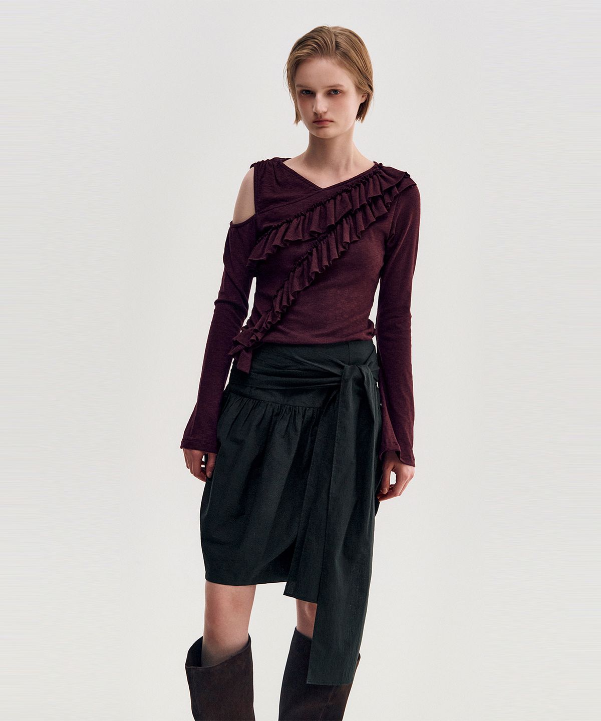 킴지수(KIMZISU) Diagonal Ruffle Jersey Top _ BURGUNDY
