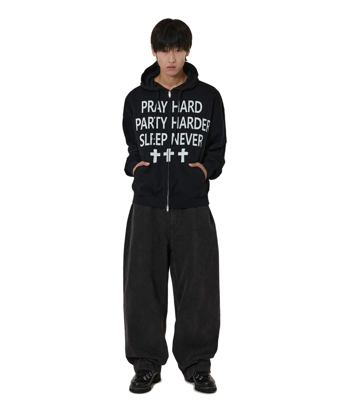오픈야드(오와이)(OPENYARD(OY)) PRAY HARD HOODIE ZIP UP - BLACK